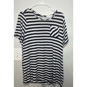 Molly and Isadora Women’s 1X Navy Blue White Striped Short Sleeved Top